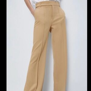 Zara Mid-Rise Flared Wide Leg Pleated Palazzo Trouser Pants, Camel, Size S, NWT